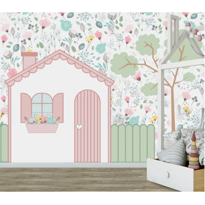 Papel de Parede Infantil Floral Casinha Menina