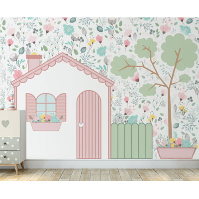 Papel de Parede Infantil Floral Casinha Menina