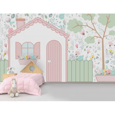 Papel de Parede Infantil Floral Casinha Menina