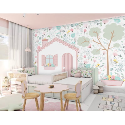 Papel de Parede Infantil Floral Casinha Menina - VR477