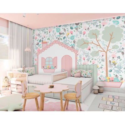 Papel de Parede Infantil Floral Casinha Menina