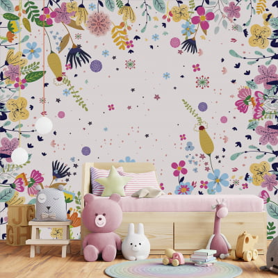 Papel de Parede Infantil Floral com Flores Multicoloridas