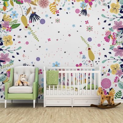 Papel de Parede Infantil Floral com Flores Multicoloridas