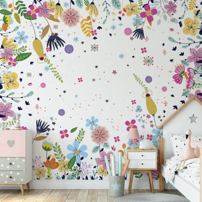 Papel de Parede Infantil Floral com Flores Multicoloridas