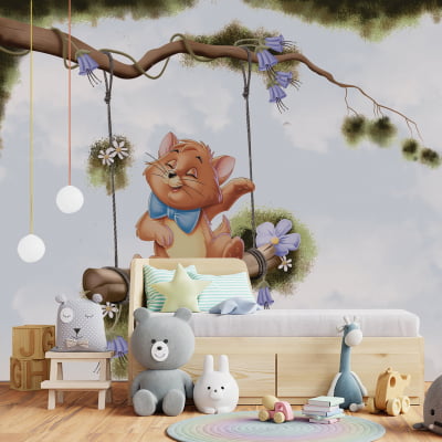 Papel de Parede Floral Infantil Gatinho no Balanço