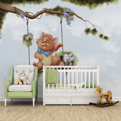 Papel de Parede Floral Infantil Gatinho no Balanço