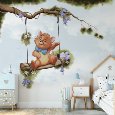 Papel de Parede Floral Infantil Gatinho no Balanço