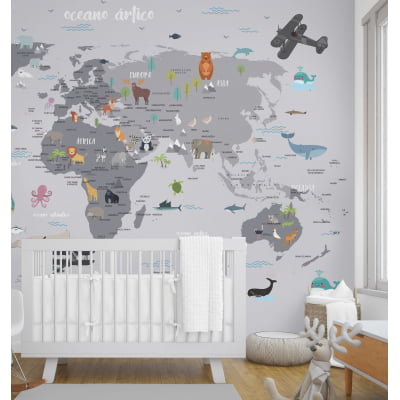 Papel de Parede Infantil Sáfari Mapa Mundi