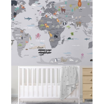 Papel de Parede Infantil Sáfari Mapa Mundi