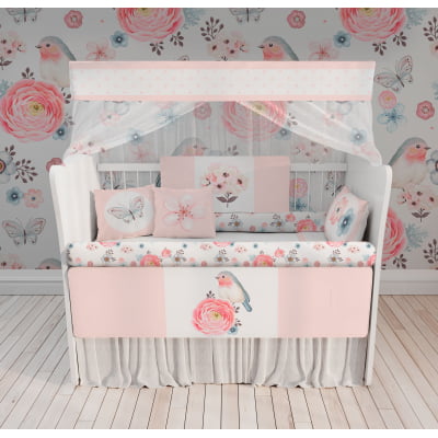 Kit Berço Enxoval de Bebê Floral e Pássaros 23 PÇS - KT365