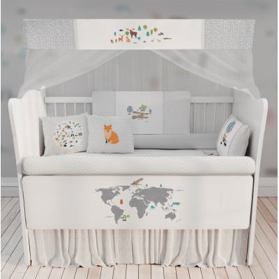 Kit Berço Enxoval de Bebê Mapa Mundi Cinza Menino KT45