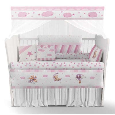 Kit de Berço Enxoval de Bebê Ursinho Rosa Nuvens