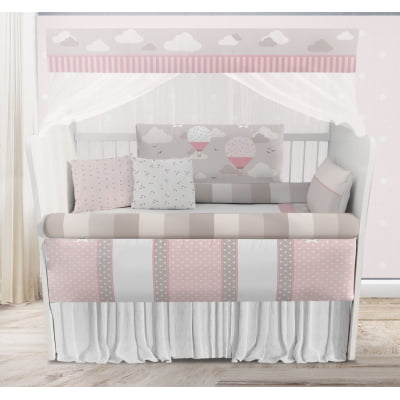 Kit Berço Enxoval de Bebê Balões Rosa Nuvens Pássaros - KT266