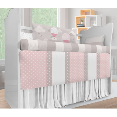 Kit Berço Enxoval de Bebê Balões Rosa Nuvens Pássaros - KT266