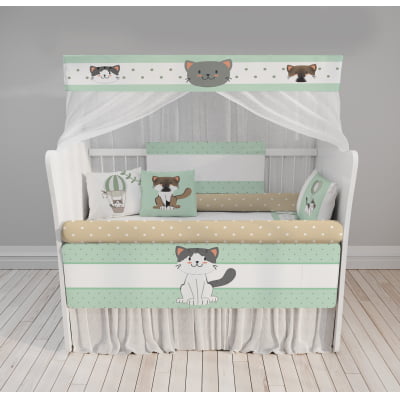 Kit Berço Enxoval de Bebê Verde Gatos Baloeiros 23PÇS - KT256