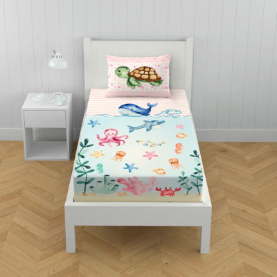 Lençol de Solteiro Infantil Fundo do Mar Rosa Animais Marinhos  - L47R Papel de parede  infantil, Enxovais para Bebê, Kits Berço, Kit Cama, faixa decorativa, régua do crescimento, quadros decorativos infantil.