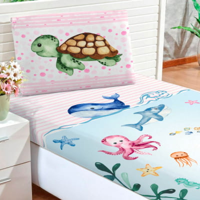 Lençol de Solteiro Infantil Fundo do Mar Rosa Animais Marinhos  - L47R Papel de parede  infantil, Enxovais para Bebê, Kits Berço, Kit Cama, faixa decorativa, régua do crescimento, quadros decorativos infantil.