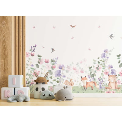 Papel de Parede Infantil Jardim Encantado Flores Bosque - VR747