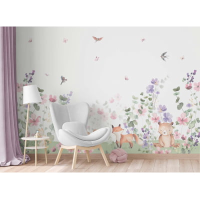 Papel de Parede Infantil Jardim Encantado Flores Bosque