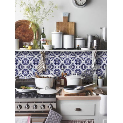 Papel de Parede Cozinha Estilo Retrô  Azul e Branco Linha Home - VRHOME13