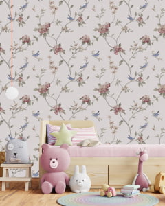 Papel de Parede Infantil Floral com Pássaros - VR116