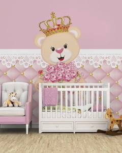 Papel de parede infantil Ursinha Princesa com Flores