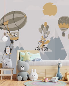 Papel de Parede Infantil para Quarto de Bebê Safari Animais baloeiros