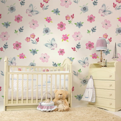 Papel de Parede Infantil Floral com Flores e Borboletas