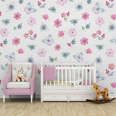 Papel de Parede Infantil Floral com Flores e Borboletas - VR424