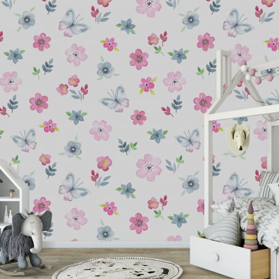 Papel de Parede Infantil Floral com Flores e Borboletas