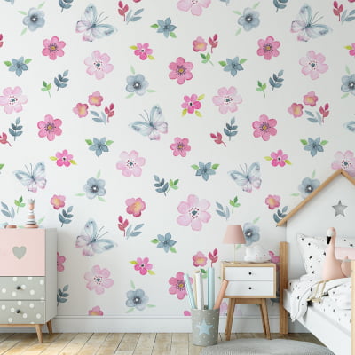 Papel de Parede Infantil Floral com Flores e Borboletas