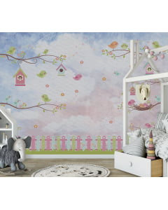 Papel de Parede Infantil Floral com Pássaros - VR308