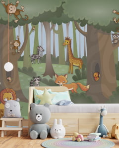 Papel de Parede Infantil Safári Animais na Floresta