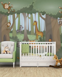 Papel de Parede Infantil Safári Animais na Floresta