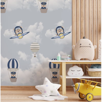 Papel de Parede Urso Baloeiro Azul Infantil Colorido Rolo 3m