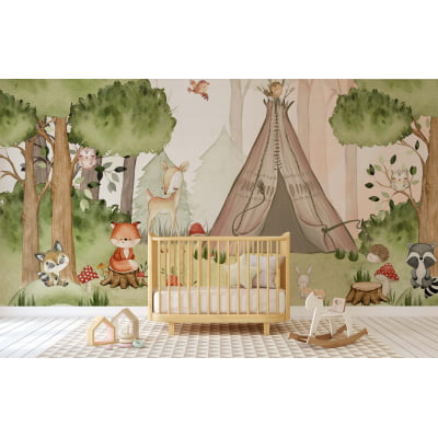 Papel de Parede Infantil Safari Bosque Raposa Verde 