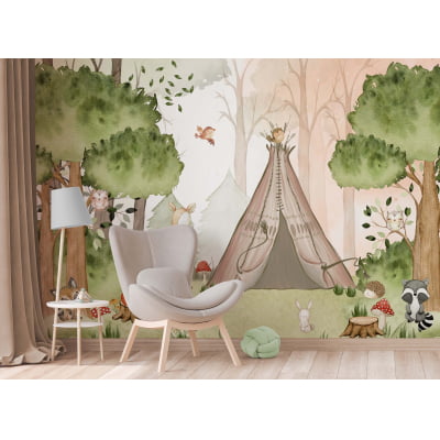 Papel de Parede Infantil Safari Bosque Raposa Verde 