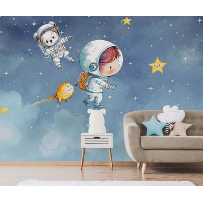 Papel de Parede Infantil Astronauta Estrelas Galáxia Espaço Azul