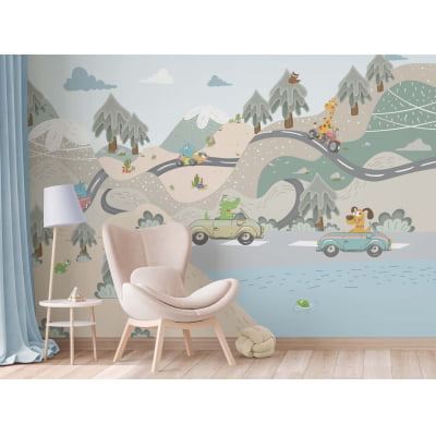 Papel de Parede Infantil Safari Carros Montanhas