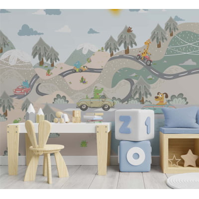 Papel de Parede Infantil Safari Carros Montanhas