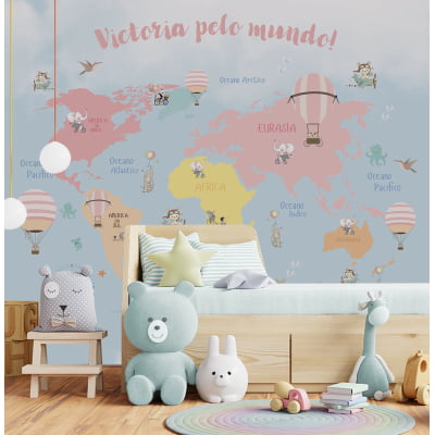 Papel de Parede quarto de bebê mapa mundial safari infantil - VR662