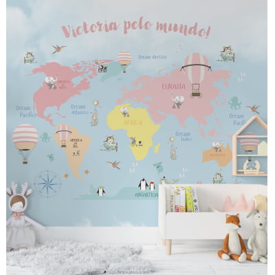 Papel de Parede quarto de bebê mapa mundial safari infantil - VR662