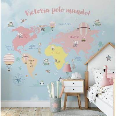 Papel de Parede quarto de bebê mapa mundial safari infantil - VR662