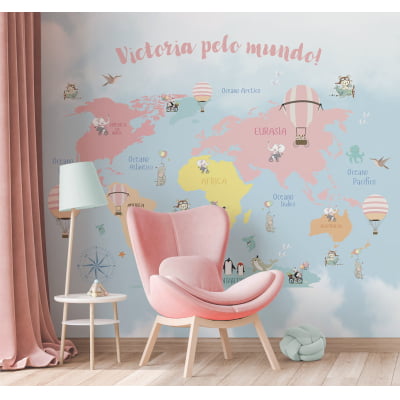 Papel de Parede quarto de bebê mapa mundial safari infantil - VR662