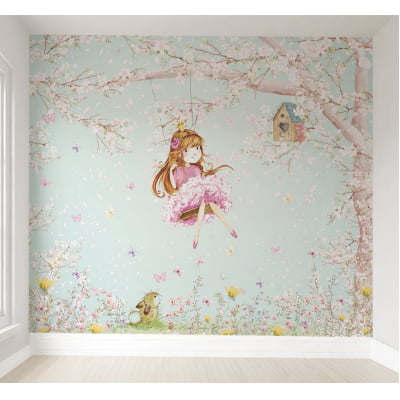 Papel De Parede Árvore Menina No Balanço Floral De M² VR549