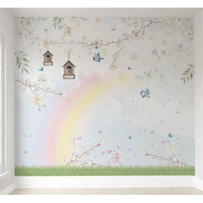 Papel de Parede Infantil Floral Casinha dos Pássaros com Arco-Íris - VR548