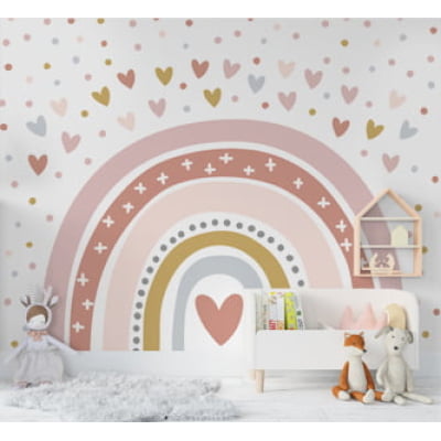 Papel De Parede Arco-íris Colorido Corações Infantil - VR638