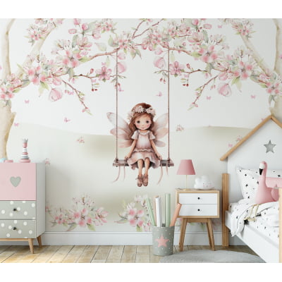 Papel De Parede Árvores Fada Balanço Floral Infantil - VR623