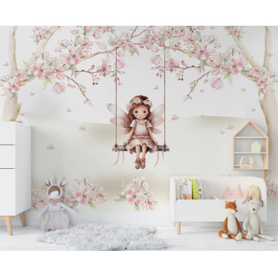 Papel De Parede Árvores Fada Balanço Floral Infantil - VR623