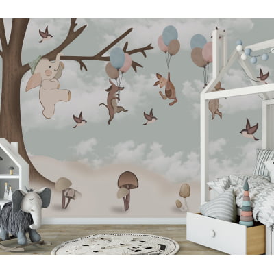 Papel de Parede autocolante quarto infantil árvore safari coelhinhos - VR658